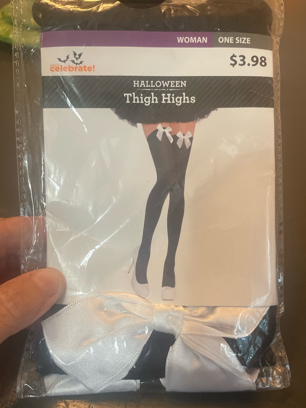Halloween Black Thigh Highs with White Bows one size - Picture 2 of 3